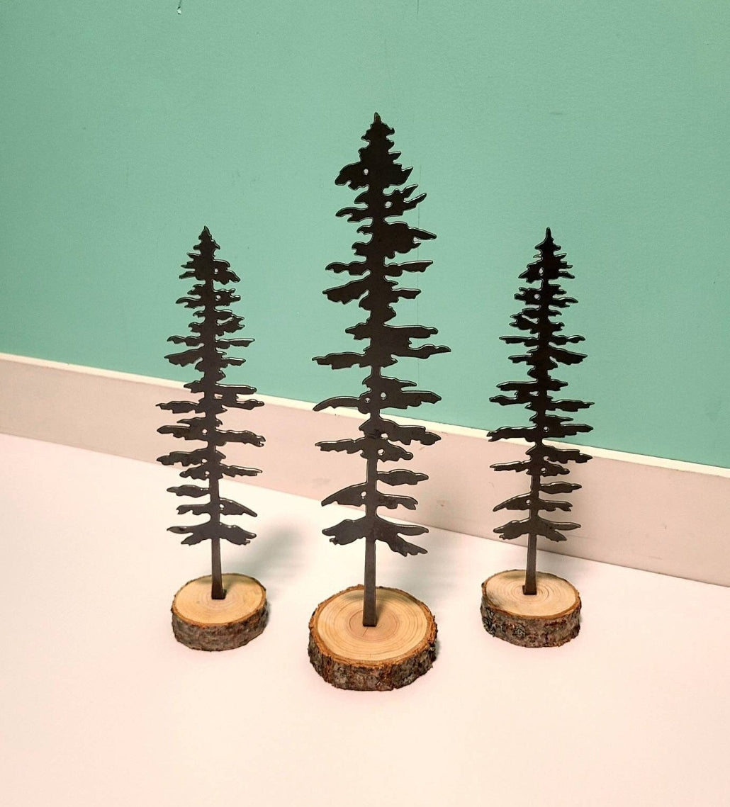 Set of 3 Metal Sitka Trees With Wood Bases