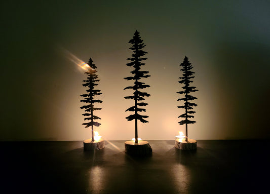 Set of 3 Metal Sitka Trees With Wood Bases